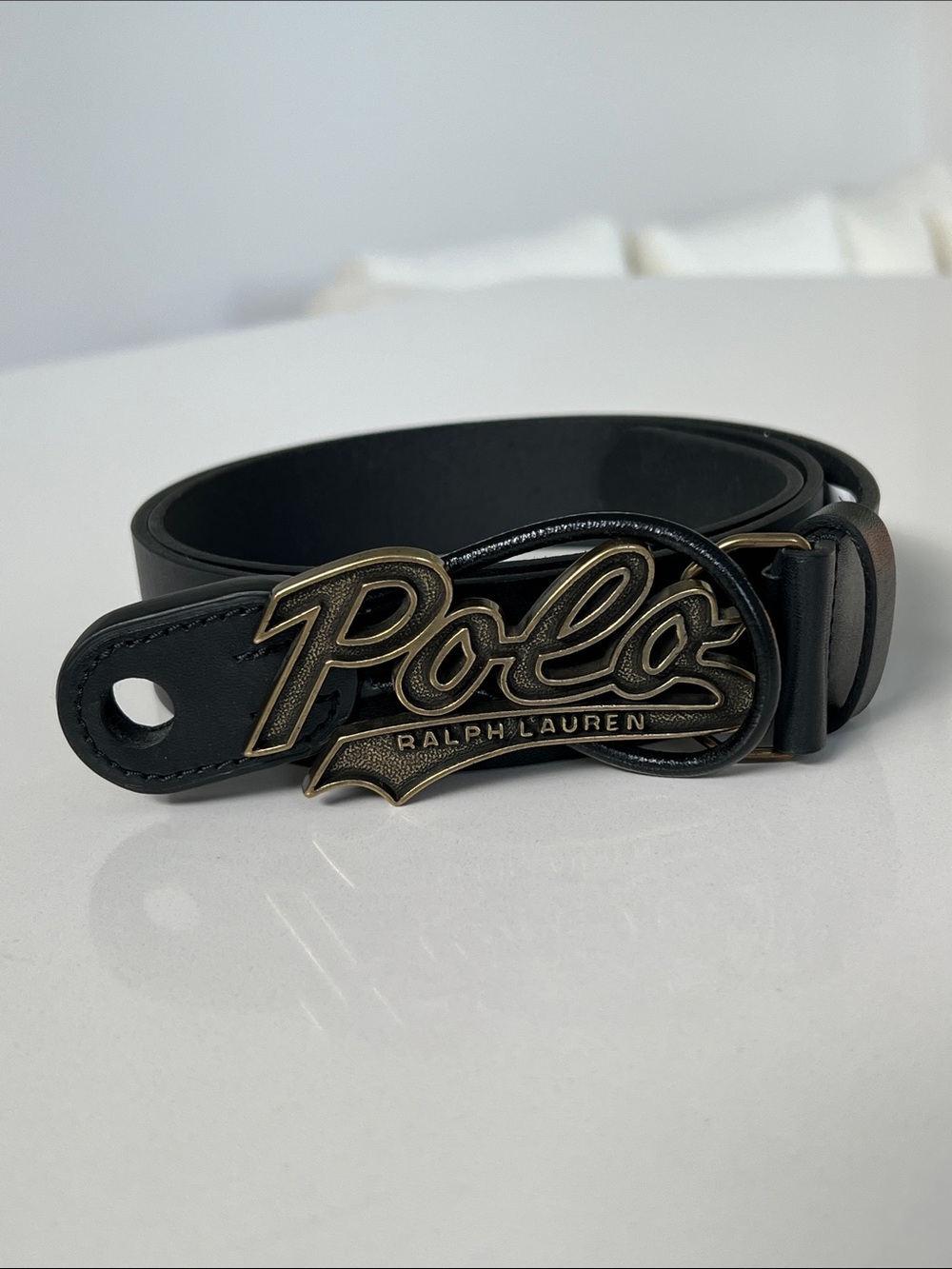 NEW Polo by Ralph Lauren plaque buckle black 100% leather belt size 38
